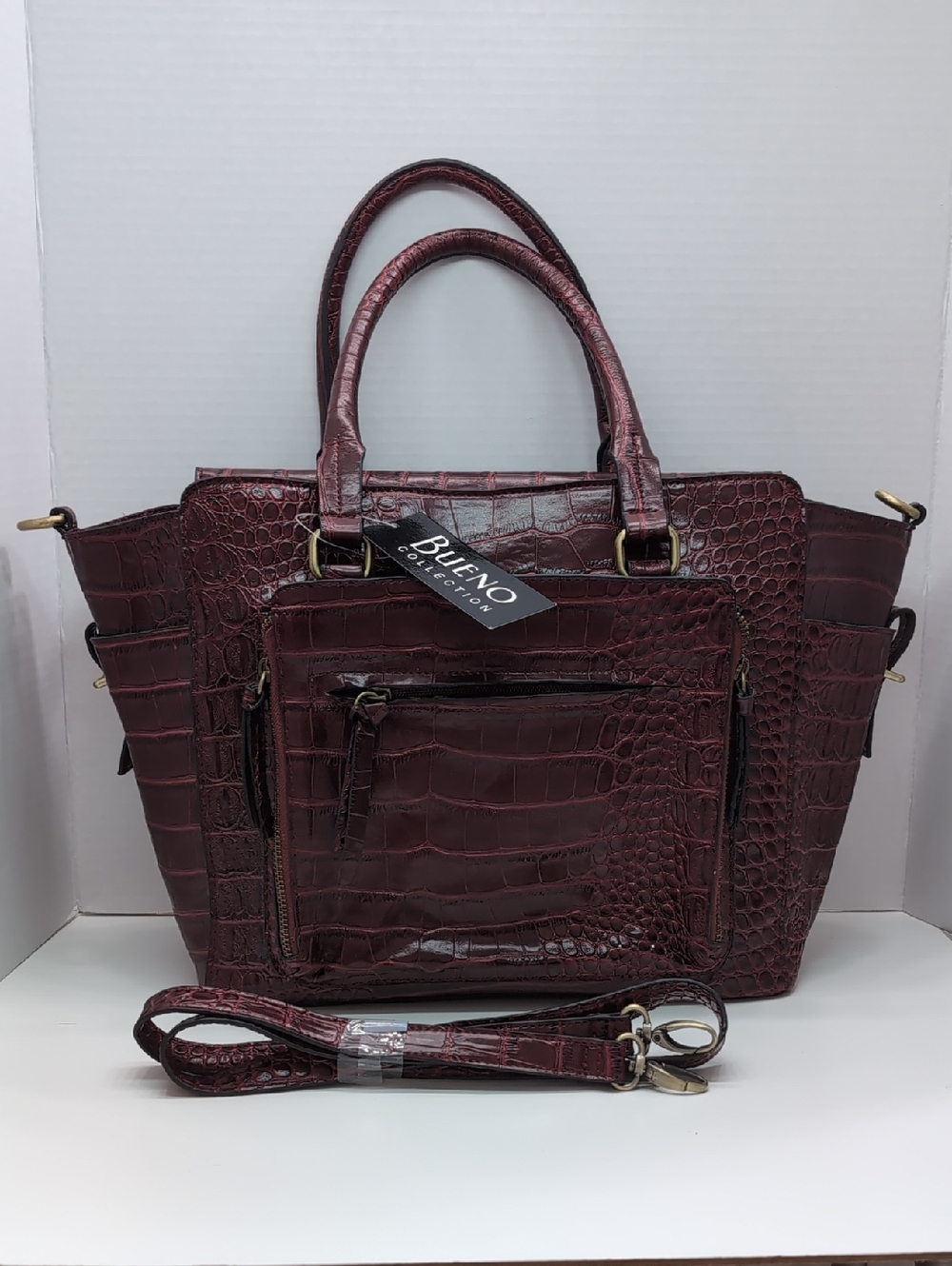Bueno New Women's Croc-Embossed Tote Bag in Burgundy 17+10+6